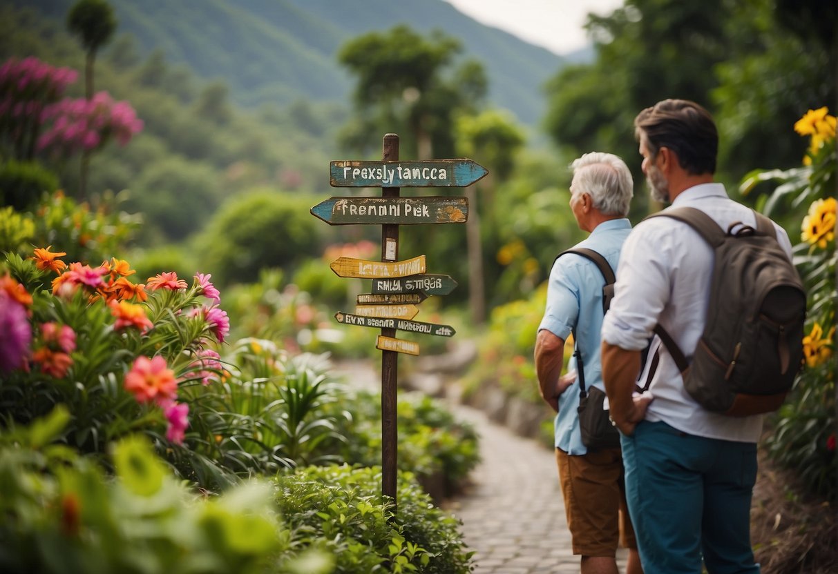 Visitors reading a signpost with "Frequently Asked Questions What to do in Santa Marcela" surrounded by lush greenery and colorful flowers