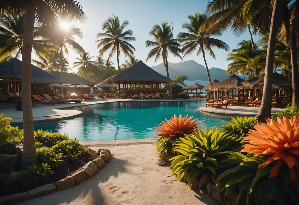 A beachfront resort with palm trees, a clear blue ocean, and a vibrant coral reef. Nearby, a bustling market and a traditional Filipino dance performance