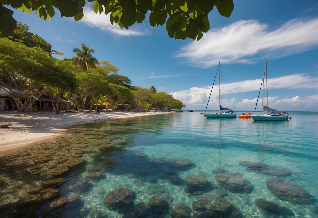 Crystal clear waters with vibrant coral reefs, kayaks gliding along the shore, and colorful sailboats dotting the horizon in Mactan