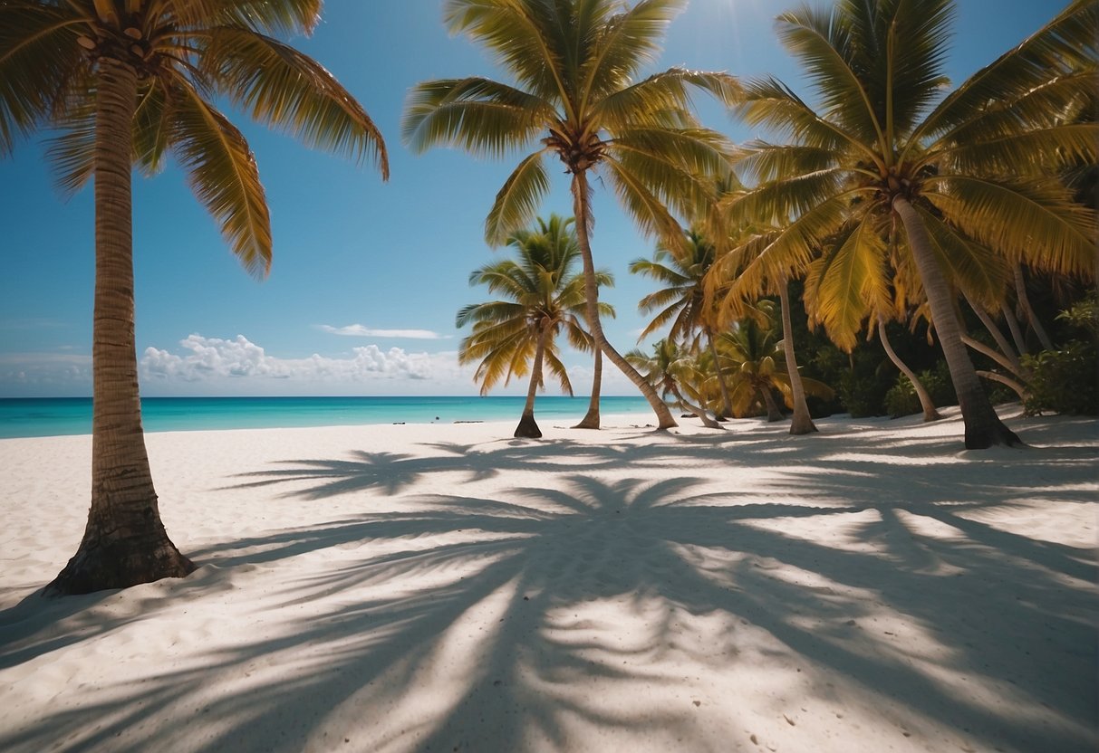 A serene beach with clear blue waters, palm trees swaying in the gentle breeze, and a peaceful yoga session on the white sandy shore