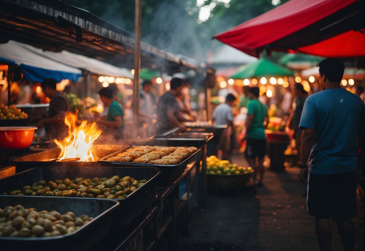 A bustling street market in Dumaguete City, with vendors selling fresh produce, colorful textiles, and local crafts under the shade of vibrant umbrellas