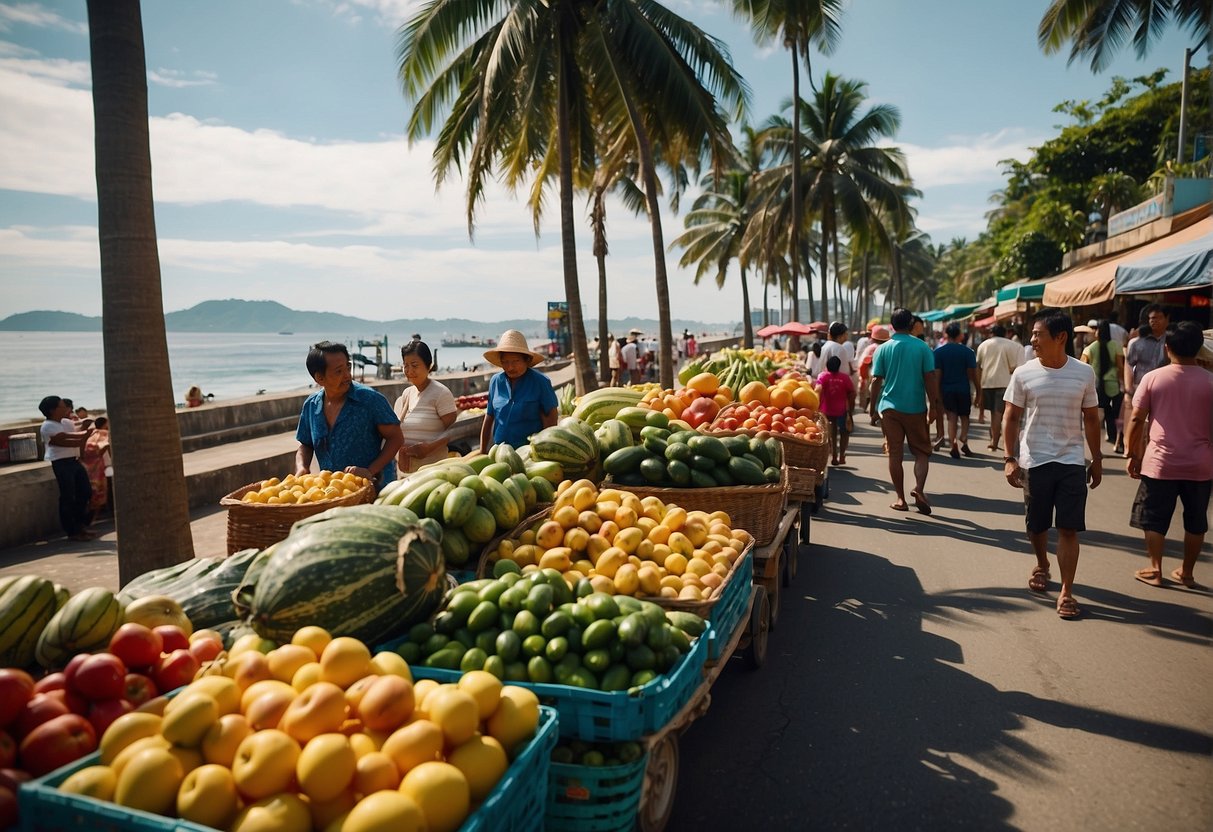 People strolling along the iconic Rizal Boulevard, with the ocean on one side and palm trees on the other. A bustling local market with colorful produce and lively vendors