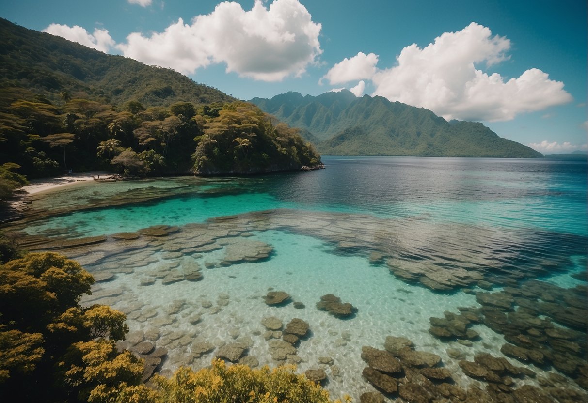 People hiking, snorkeling, and swimming in crystal-clear waters surrounded by lush green mountains and colorful coral reefs in Dumaguete City