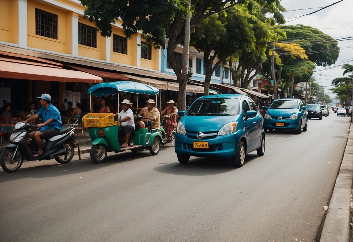 The bustling streets of Dumaguete City, with colorful tricycles weaving through traffic, and locals and tourists exploring the vibrant markets and waterfront promenade