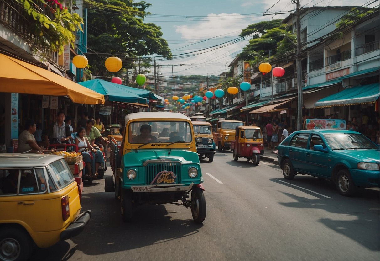 The bustling streets of Dumaguete City, with colorful tricycles and jeepneys weaving through traffic, surrounded by vibrant shops and bustling markets