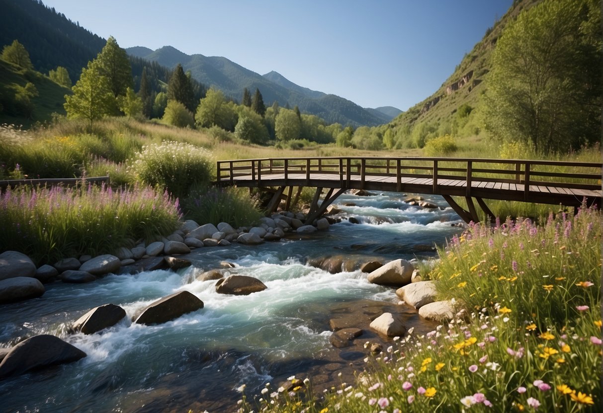 A serene river flows through lush green mountains, with a wooden bridge crossing over. A colorful array of wildflowers bloom along the riverbanks, and a variety of birds soar through the clear blue sky