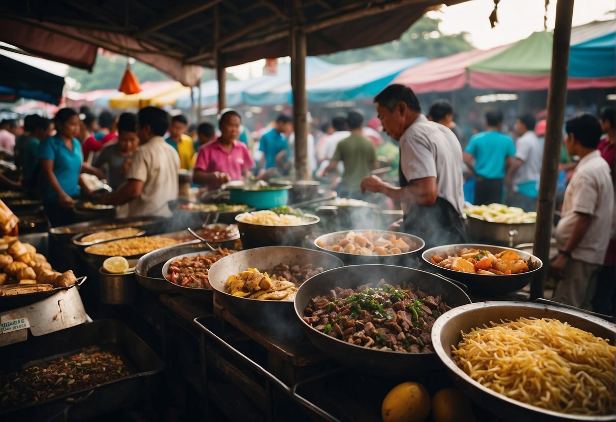 A bustling food market in Laoag, filled with colorful stalls offering local delicacies and aromatic street food. The air is filled with the sizzle of grilling meats and the chatter of eager customers