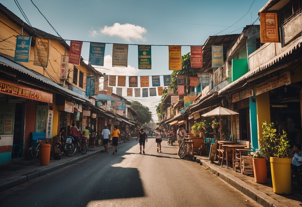 A bustling street in Laoag, with colorful signs for hotels, hostels, and guesthouses. A map and brochure stand nearby, offering information on various accommodation options and activities in the area