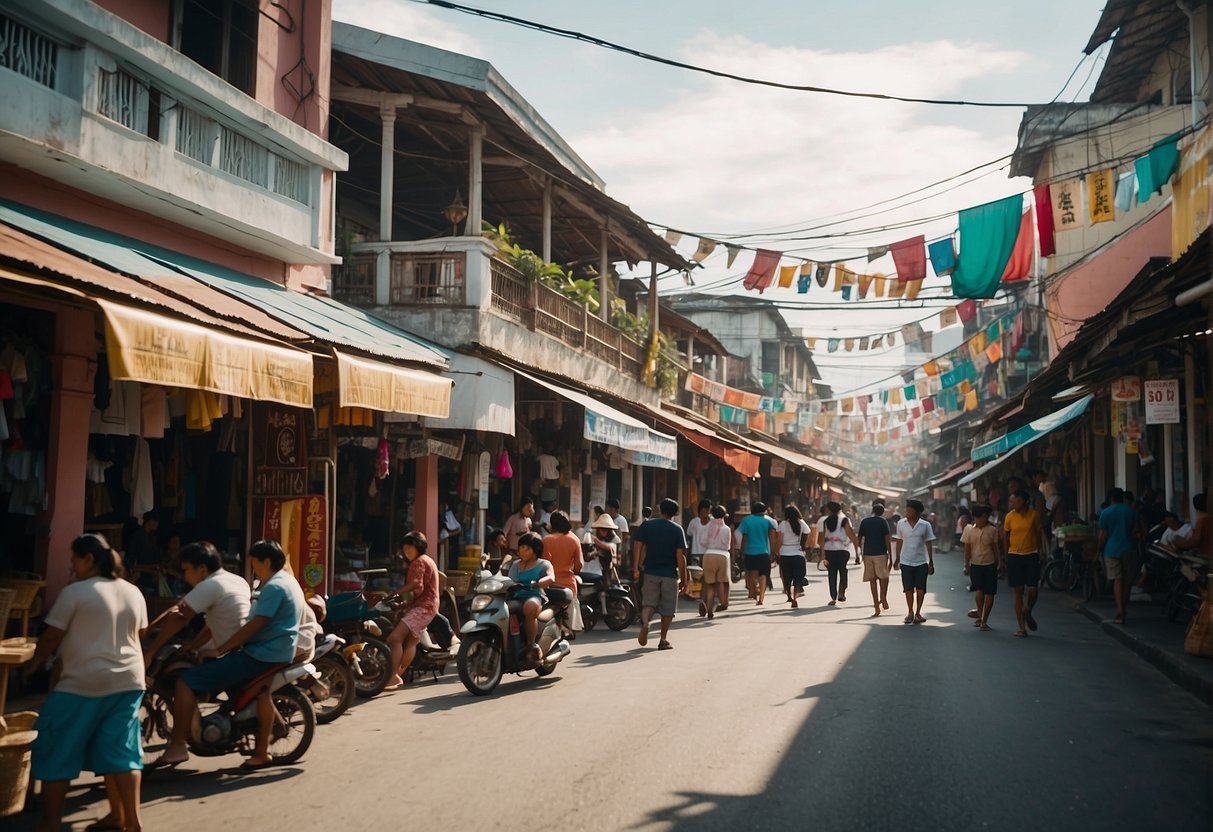 A bustling street in Laoag with colorful signs, bustling markets, and people exploring the city's attractions