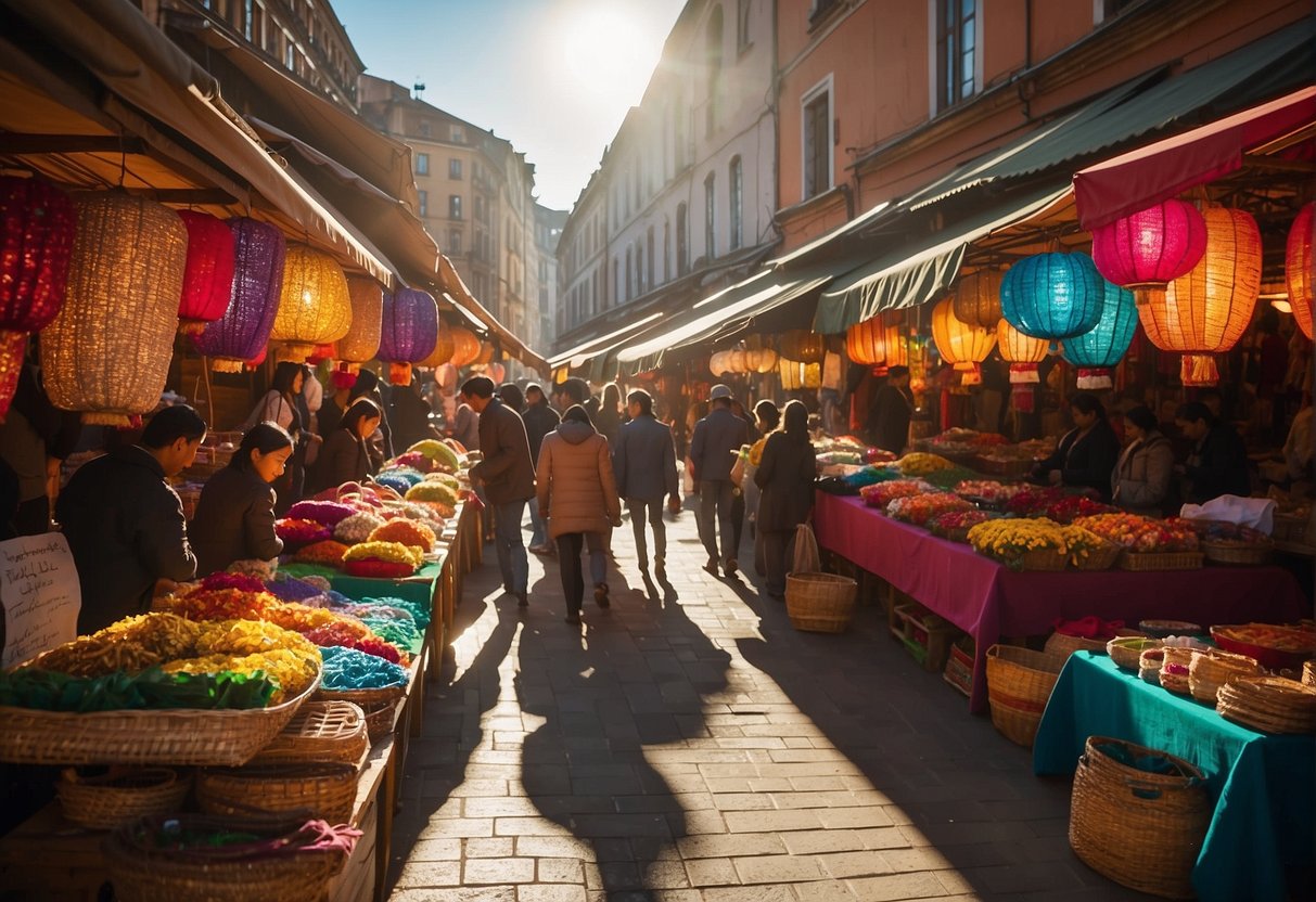 People browsing through colorful stalls, filled with handmade crafts and souvenirs. The warm sunlight illuminates the bustling market, creating a vibrant and lively atmosphere