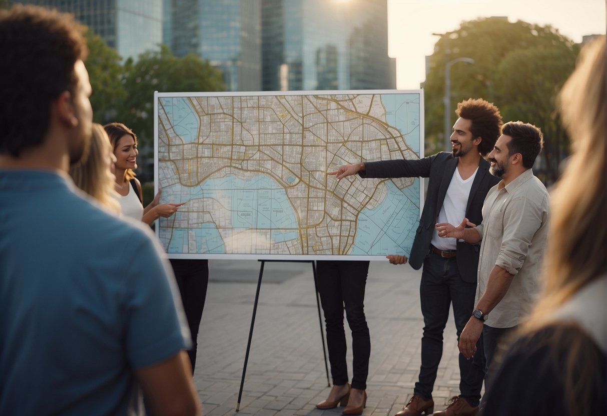 People gathered around a city map, pointing and discussing. Buildings and landmarks in the background