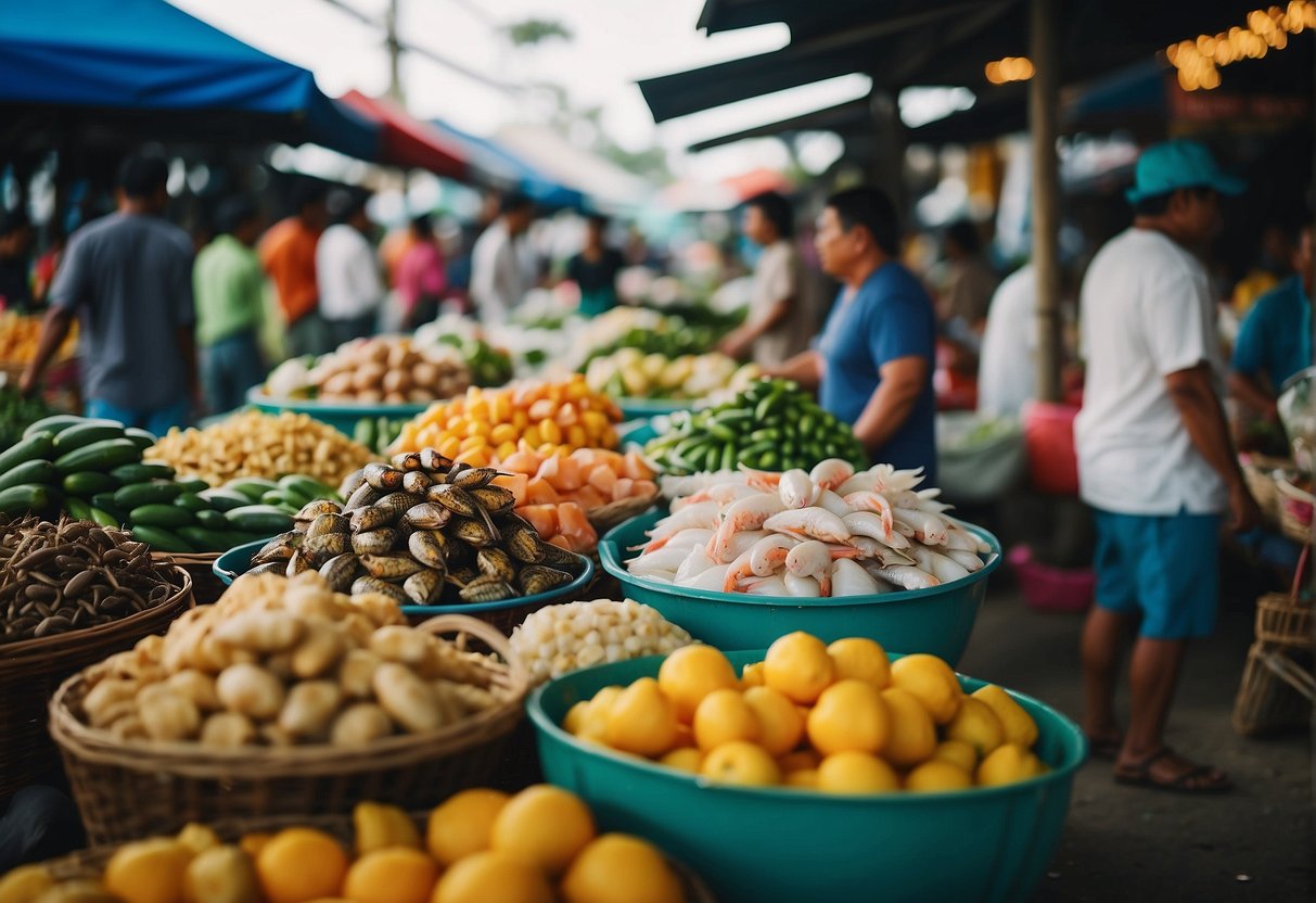 A bustling outdoor market with colorful stalls selling fresh seafood, tropical fruits, and local delicacies in General Santos City
