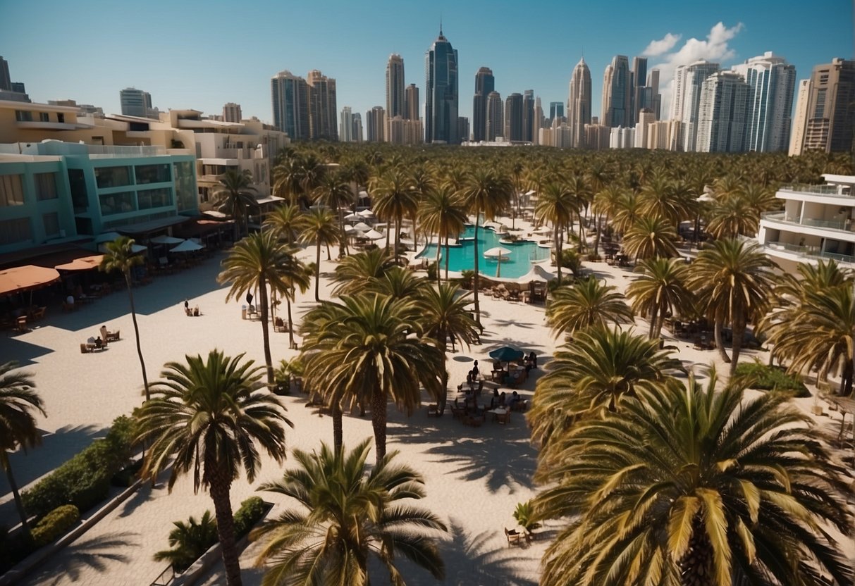 A bustling city with skyscrapers and palm trees, a bustling market, and a beautiful coastline with white sandy beaches