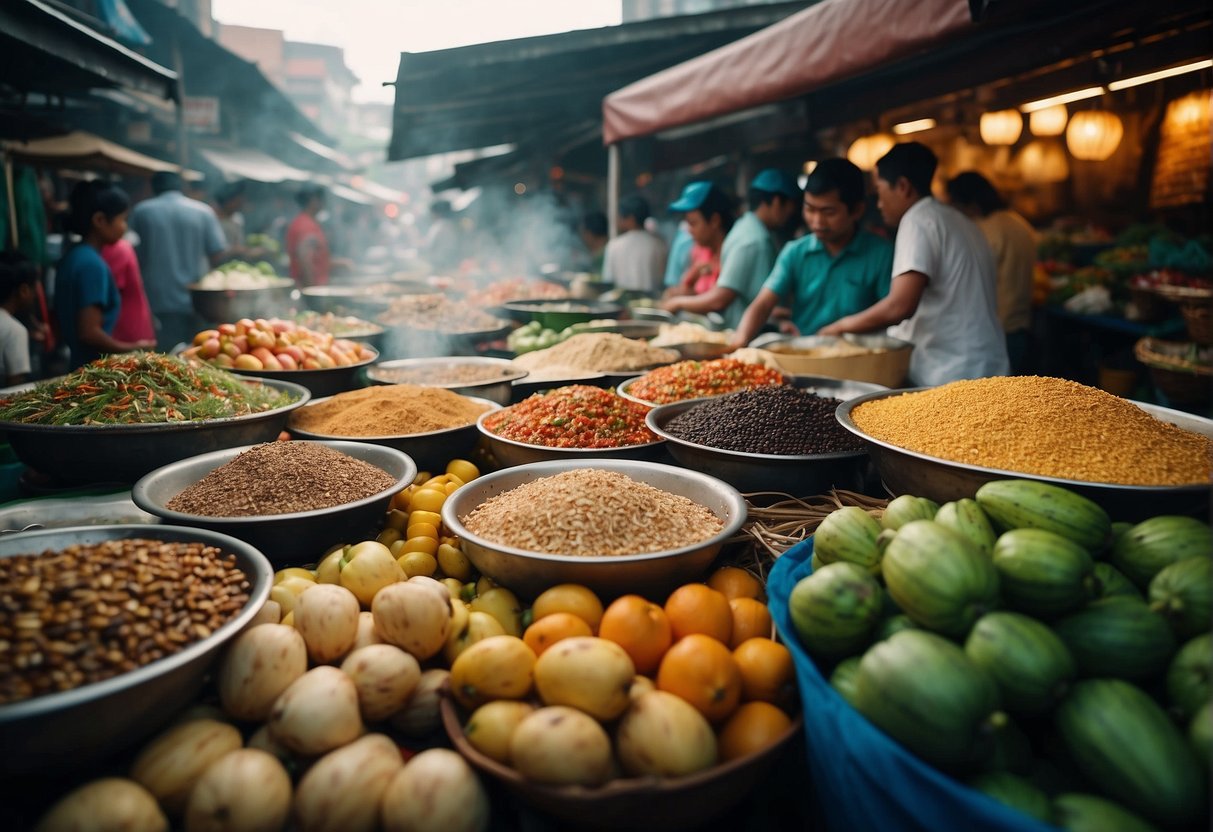 A bustling market filled with colorful fruits, fresh seafood, and aromatic spices. Street vendors cooking up local delicacies, while the scent of lechon and batchoy fills the air