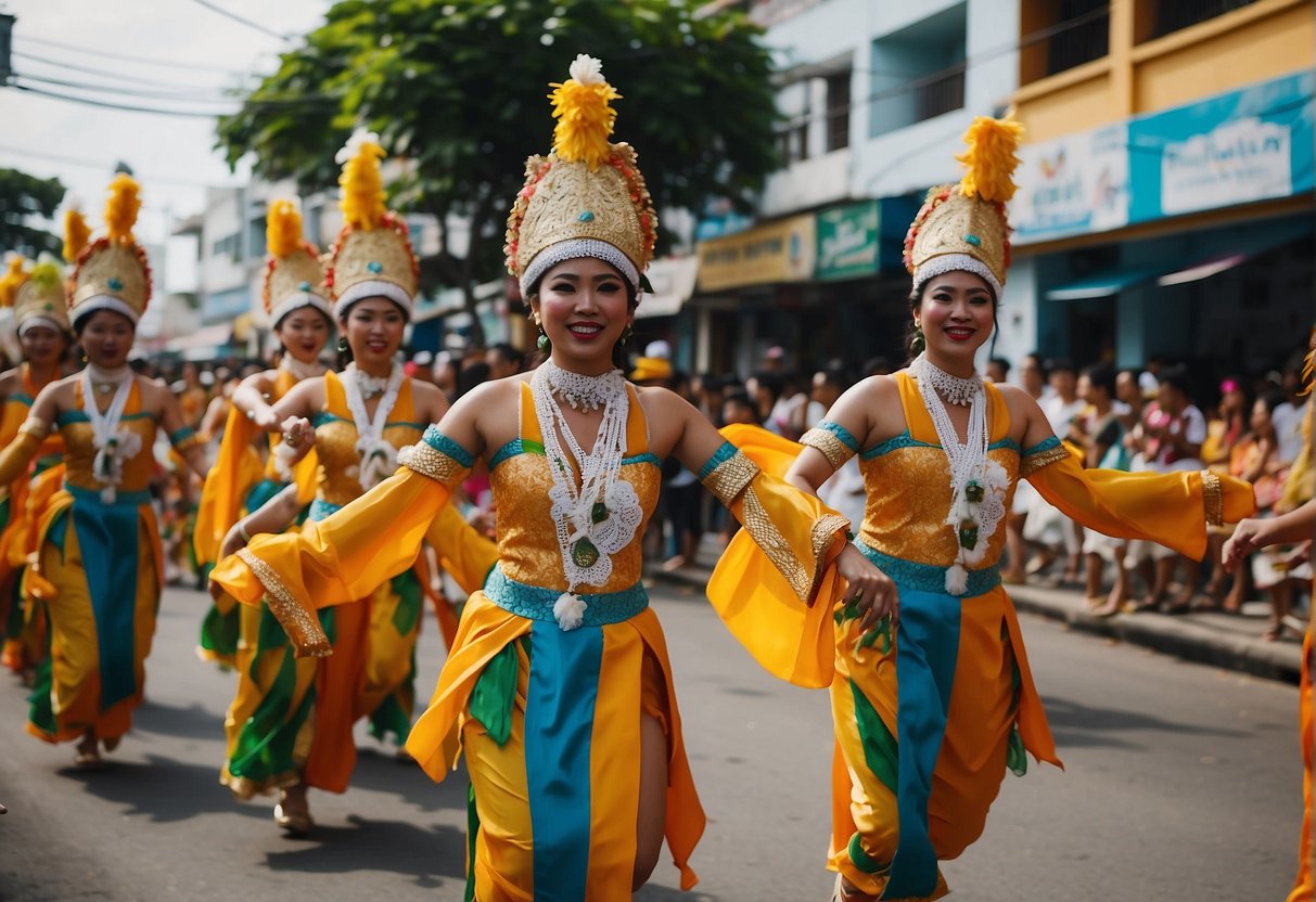 Colorful street parade with traditional dancers, vibrant costumes, and lively music in the bustling streets of Iloilo City