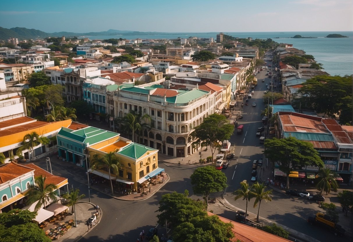 A bustling cityscape with colorful markets, historic landmarks, and serene beaches along the coastline of Iloilo City