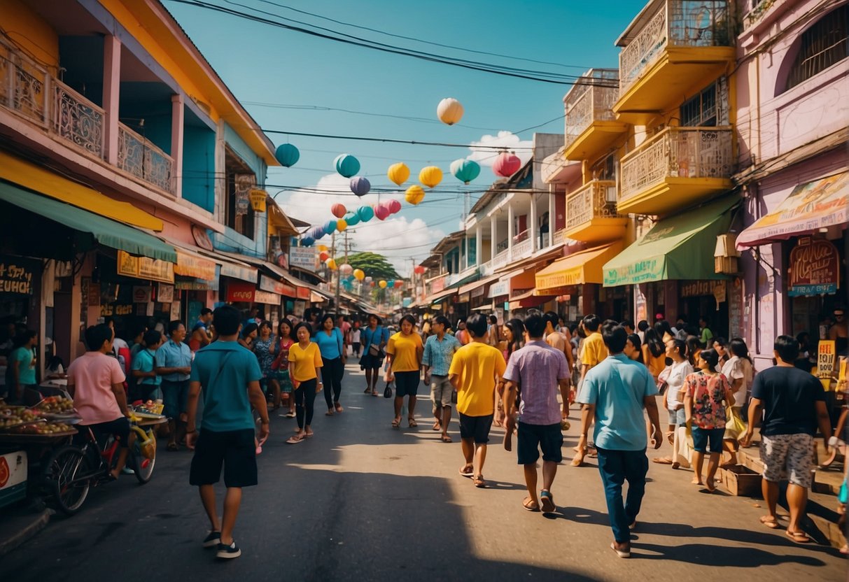 People stroll past colorful shops and lively entertainment venues in Iloilo City, with vibrant street performers and bustling crowds