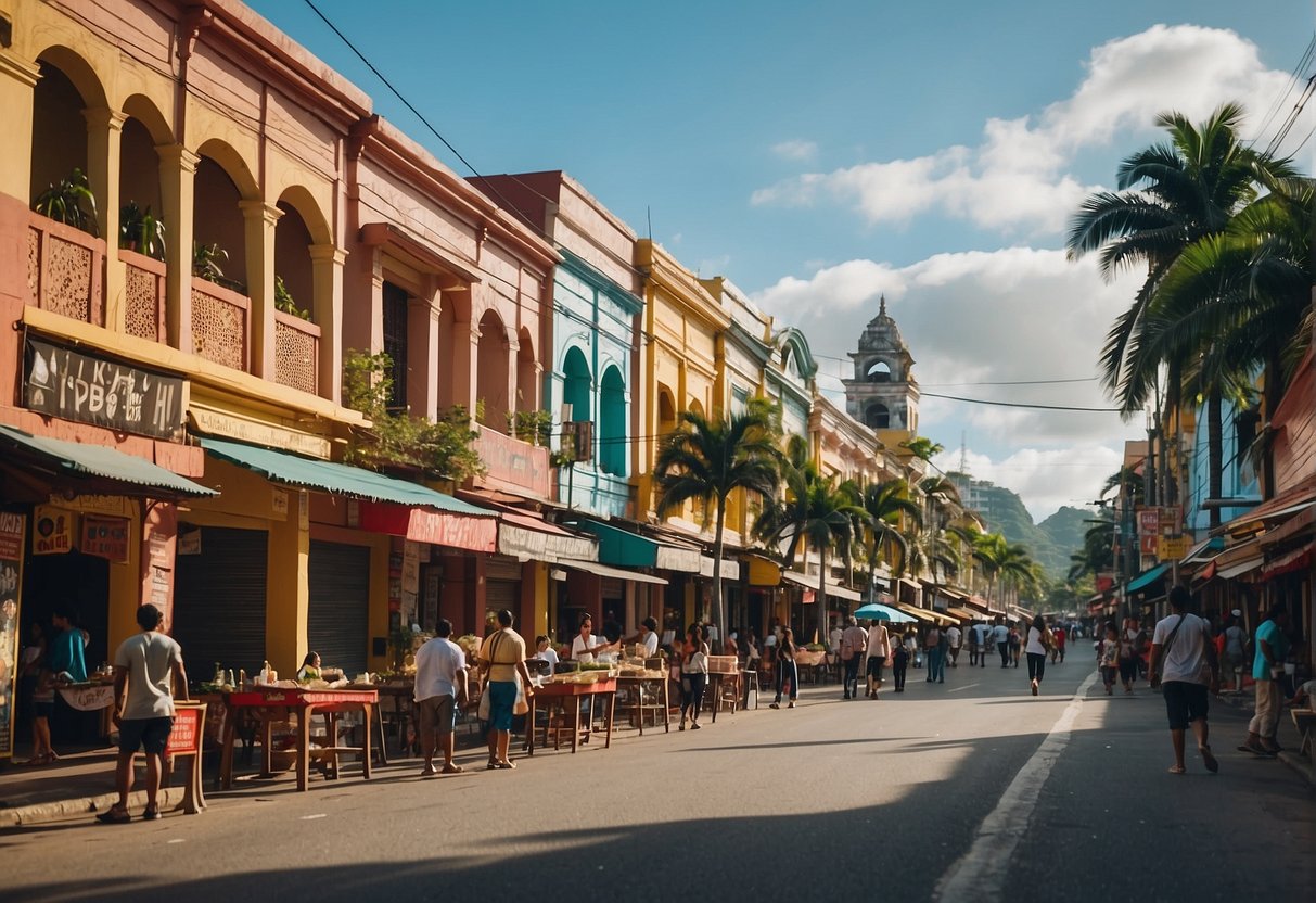 A bustling city street with colorful buildings, street vendors, and people exploring. A prominent sign reads "Frequently Asked Questions: What to do in Iloilo City."