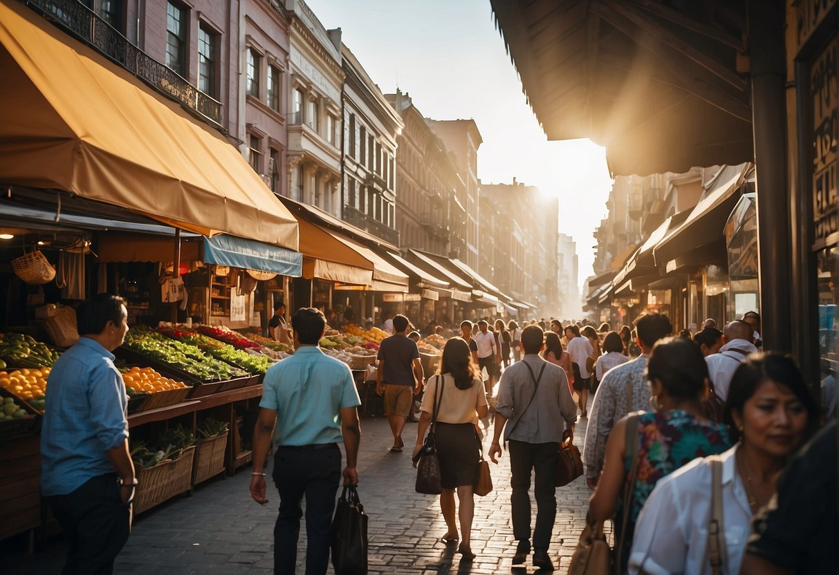 A bustling city street with colorful buildings, bustling markets, and lively street vendors. The sun shines overhead as people explore the city's vibrant culture and history