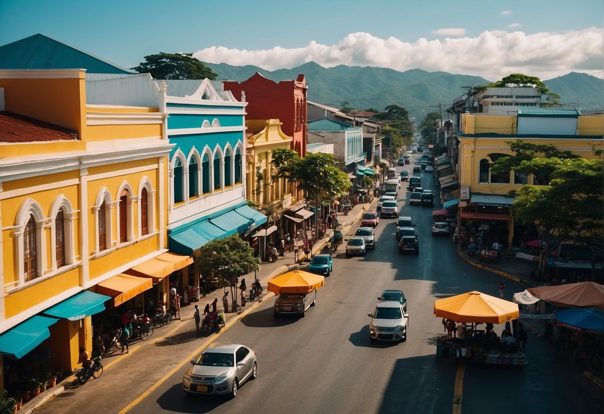 The bustling streets of Iloilo City, with colorful buildings and vibrant street vendors, surrounded by historical landmarks and modern attractions