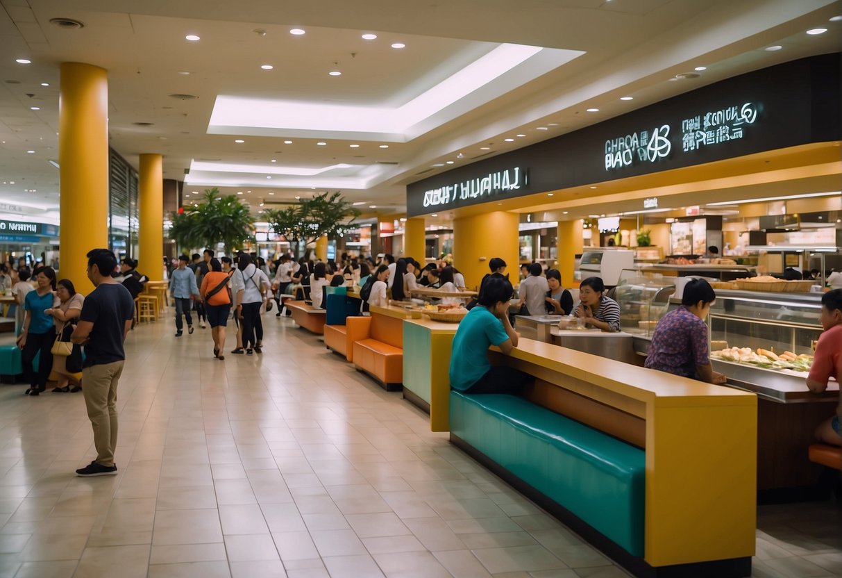 People shopping, dining, and enjoying entertainment in Megamall. Bright lights, colorful displays, and bustling activity throughout the expansive mall