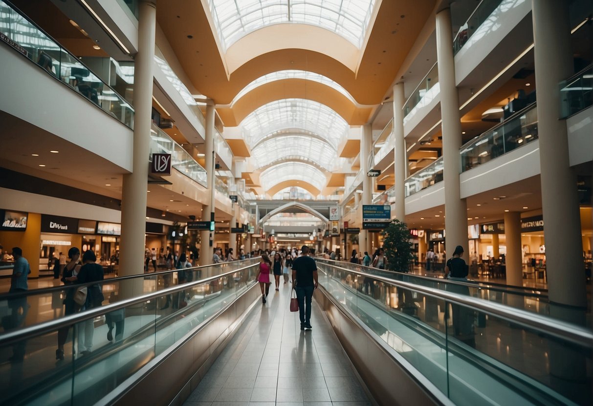 Shoppers browsing stores, dining at restaurants, and riding escalators in a bustling megamall