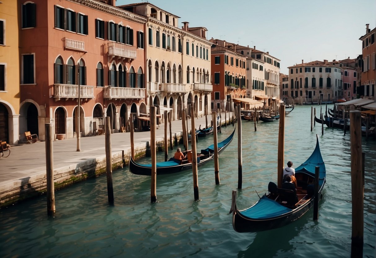 People stroll along the Grand Canal, gondolas glide on the water, and colorful buildings line the promenade