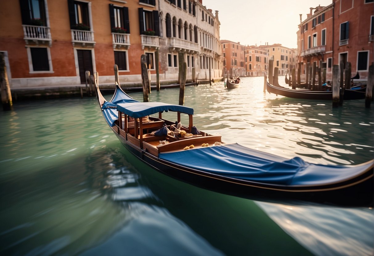 A gondola glides along the bustling Grand Canal, passing by ornate buildings and colorful shops, while tourists and locals alike enjoy the lively atmosphere