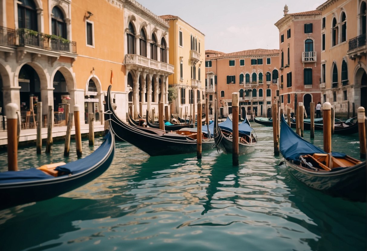 Busy grand canal mall with colorful shops and gondolas. Tourists browse, take selfies, and enjoy the picturesque waterfront setting