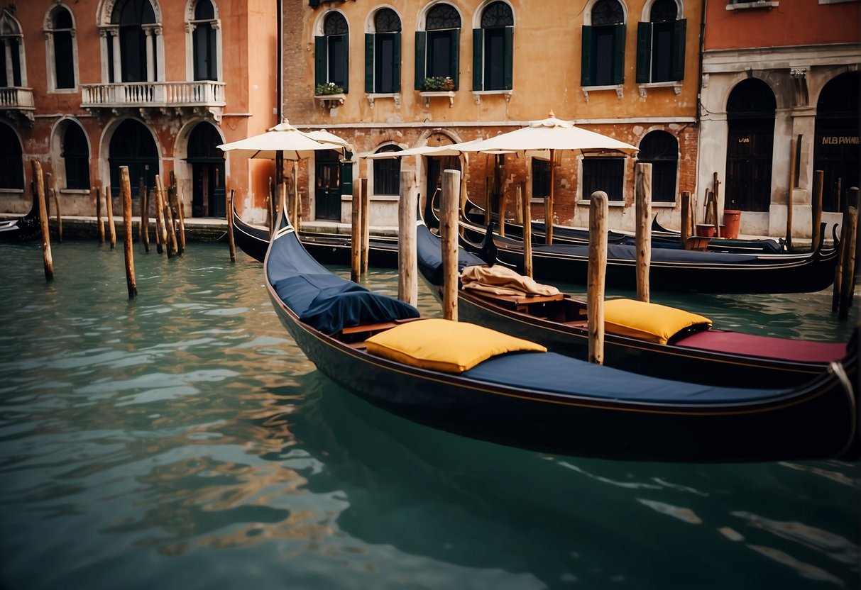 A gondola glides down the Grand Canal, passing by bustling restaurants and shops. People dine al fresco, while others browse through the various boutiques and art galleries lining the waterway