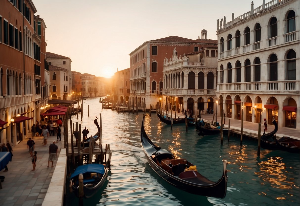 A bustling scene at the Grand Canal Mall in Venice, with outdoor dining, gondolas gliding along the canal, and the iconic architecture of the city lining the waterway