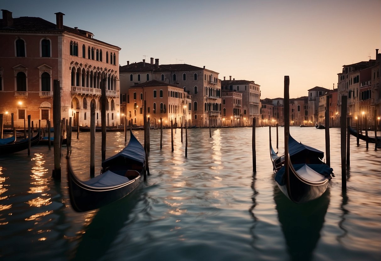 A gondola glides along the Grand Canal, passing under elegant bridges and beside historic buildings, while the soft light of dusk illuminates the water, creating a romantic and enchanting atmosphere