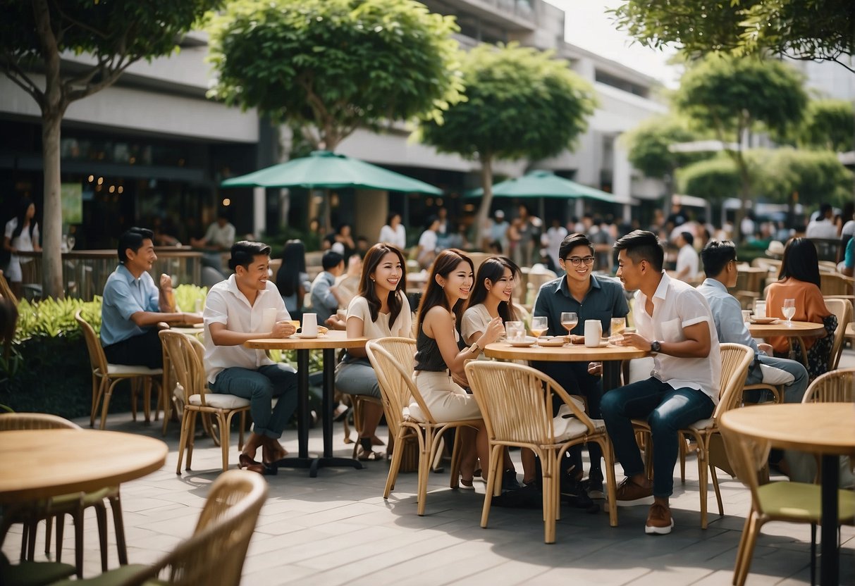 People dining in outdoor cafes, shopping in modern malls, walking in lush parks, and enjoying cultural events in Alabang