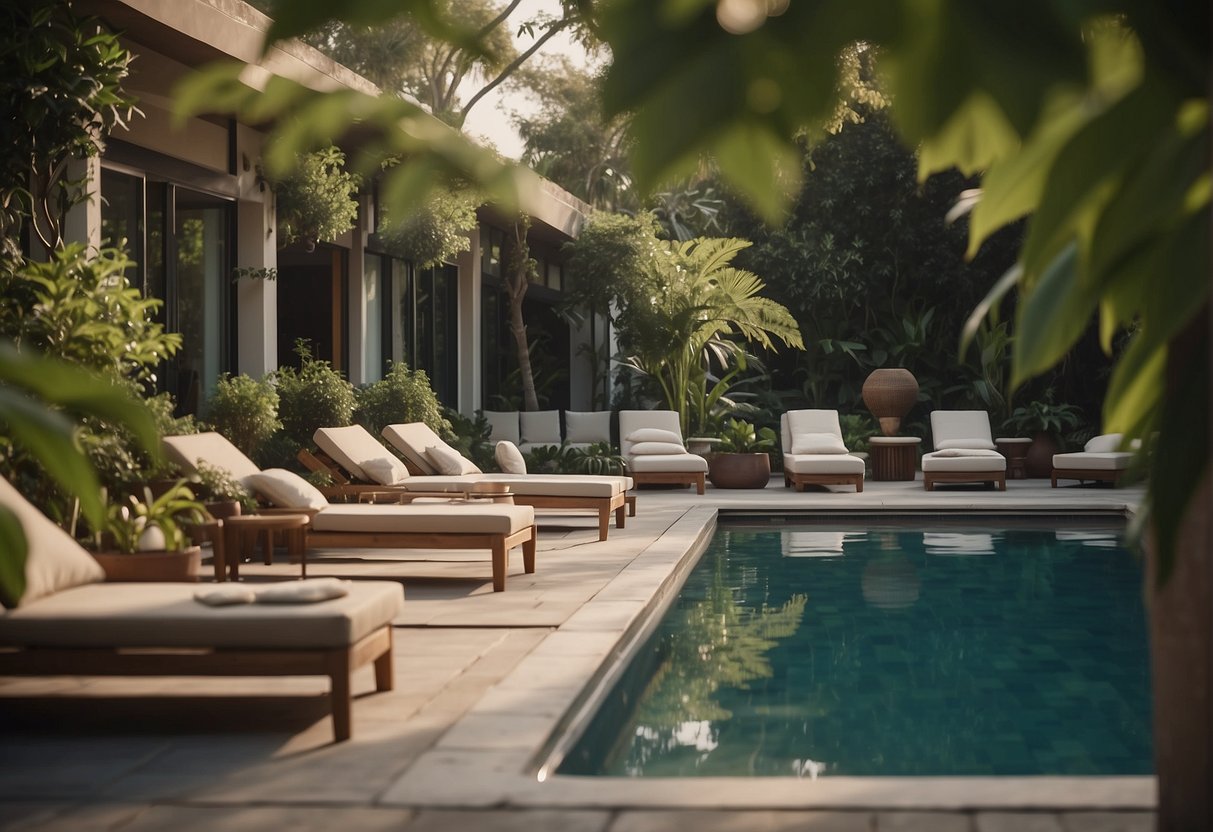 A serene spa with lush greenery, a yoga class in session, and a tranquil swimming pool surrounded by lounge chairs