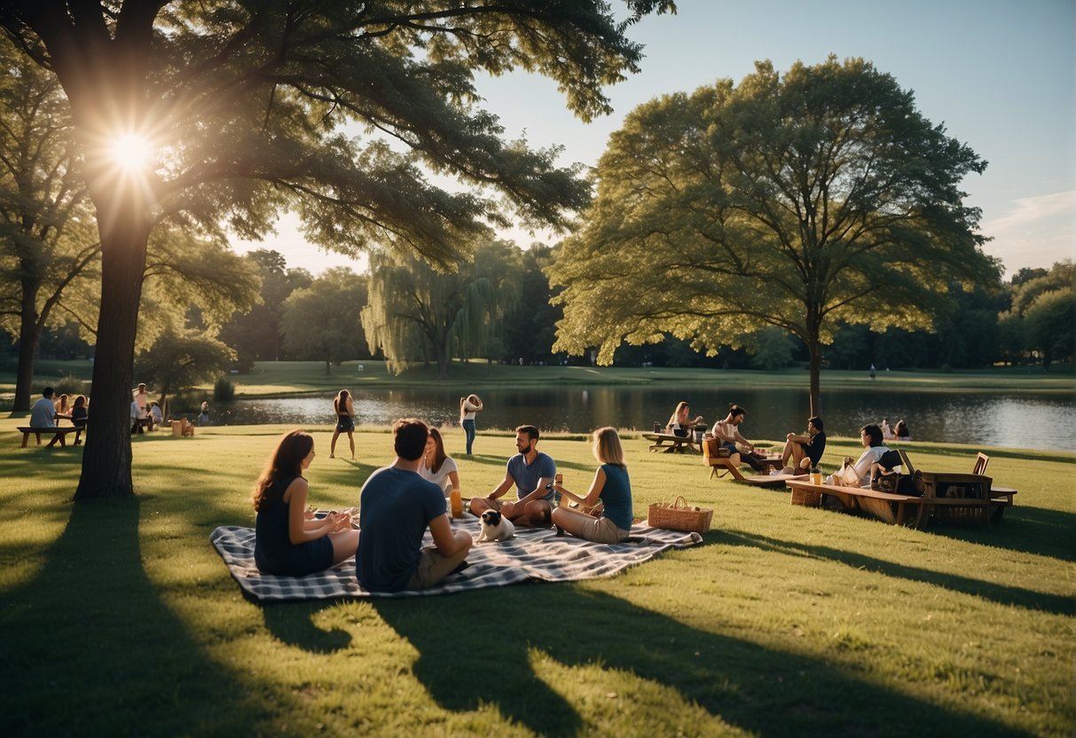 People picnicking, playing sports, and walking dogs in a lush park with trees, grass, and a pond