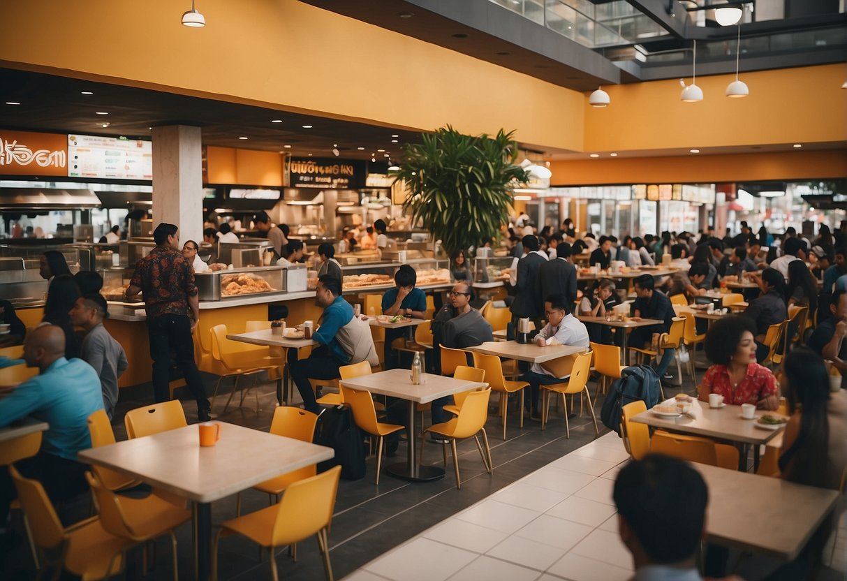 A bustling food court with diverse cuisines, people enjoying meals at tables, colorful signs and decor, and a lively atmosphere