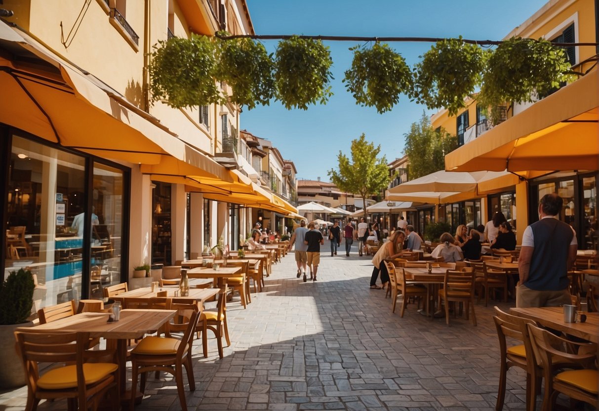 People walking through Evia Lifestyle Center, browsing shops and dining at outdoor cafes. Brightly colored storefronts line the cobblestone streets, creating a lively and bustling atmosphere