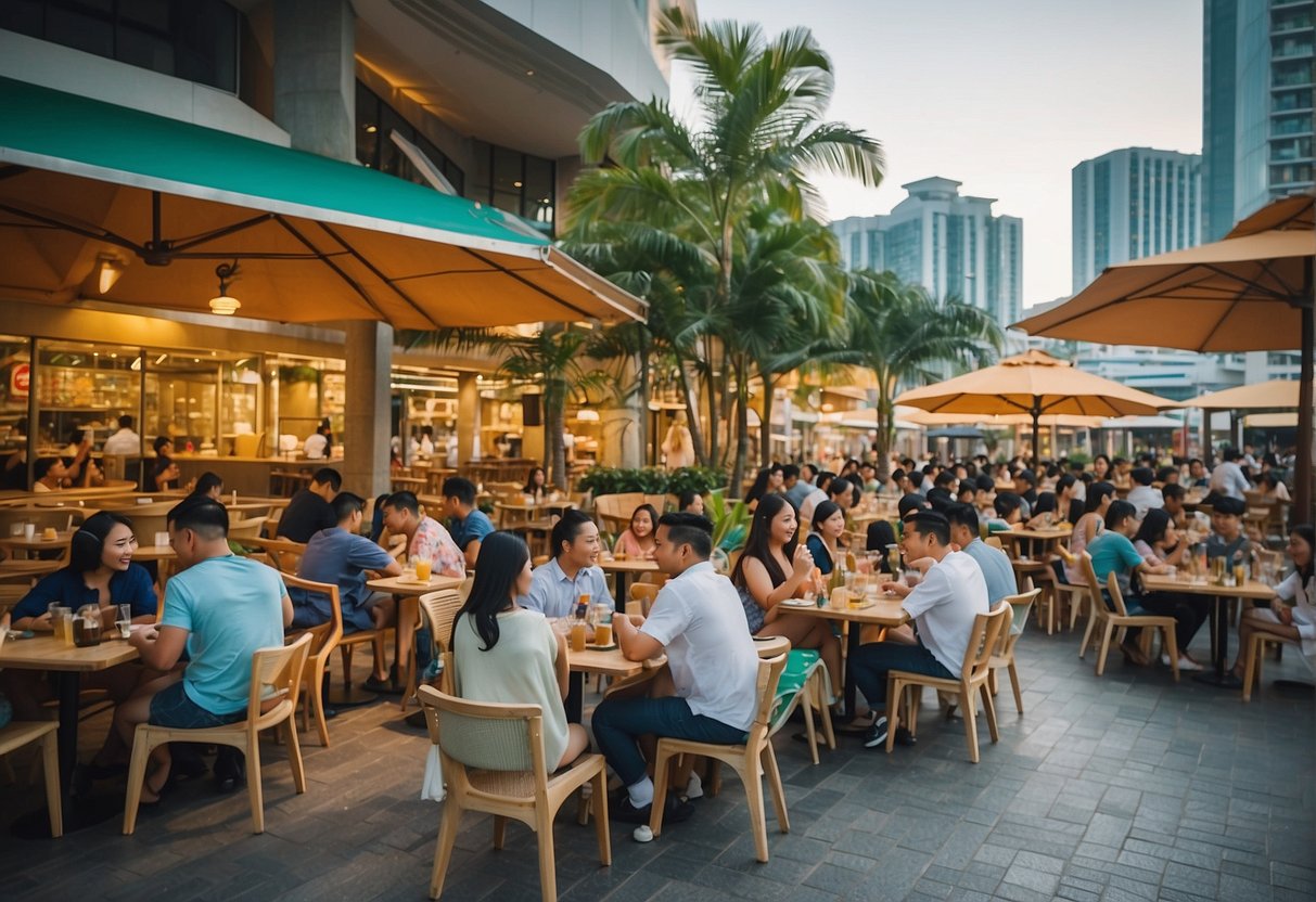 A bustling food court with diverse cuisines, diners enjoying meals at outdoor tables, and colorful signage of various restaurants at Ayala Mall Manila Bay
