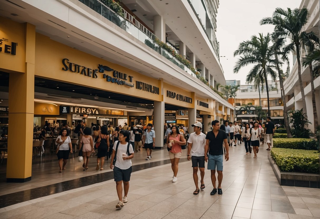 People walking, shopping, dining in Ayala Mall Manila Bay, with signs indicating various activities and attractions