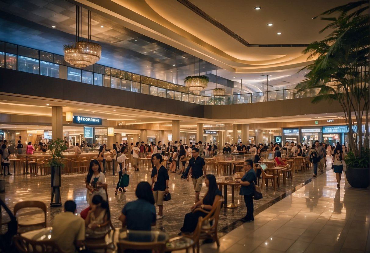 People enjoying shopping, dining, and entertainment at Ayala Mall Manila Bay. Bright lights, colorful displays, and bustling activity create a lively atmosphere