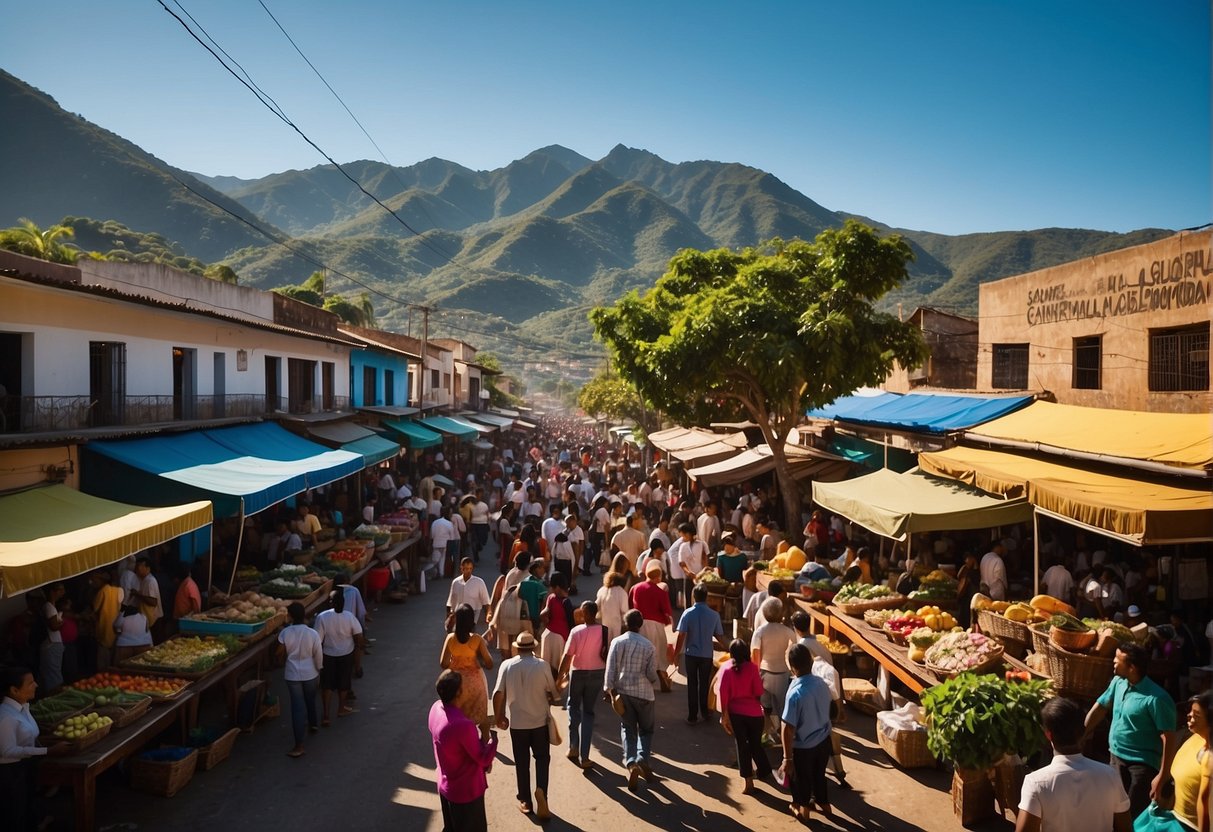 A vibrant street market in Santa Marcela bustles with colorful stalls and lively vendors, surrounded by lush green mountains and a clear blue sky