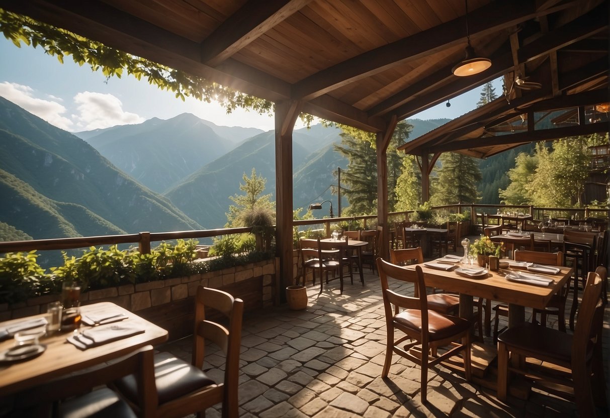 A cozy inn nestled among lush mountains, with a charming dining area serving local cuisine. Nearby, visitors explore hiking trails and visit local markets