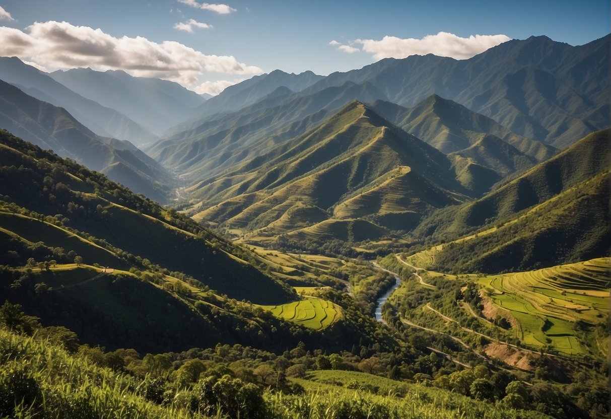 Rolling hills, lush green valleys, and winding rivers surround Santa Marcela. A majestic mountain range looms in the distance, creating a picturesque backdrop for outdoor activities