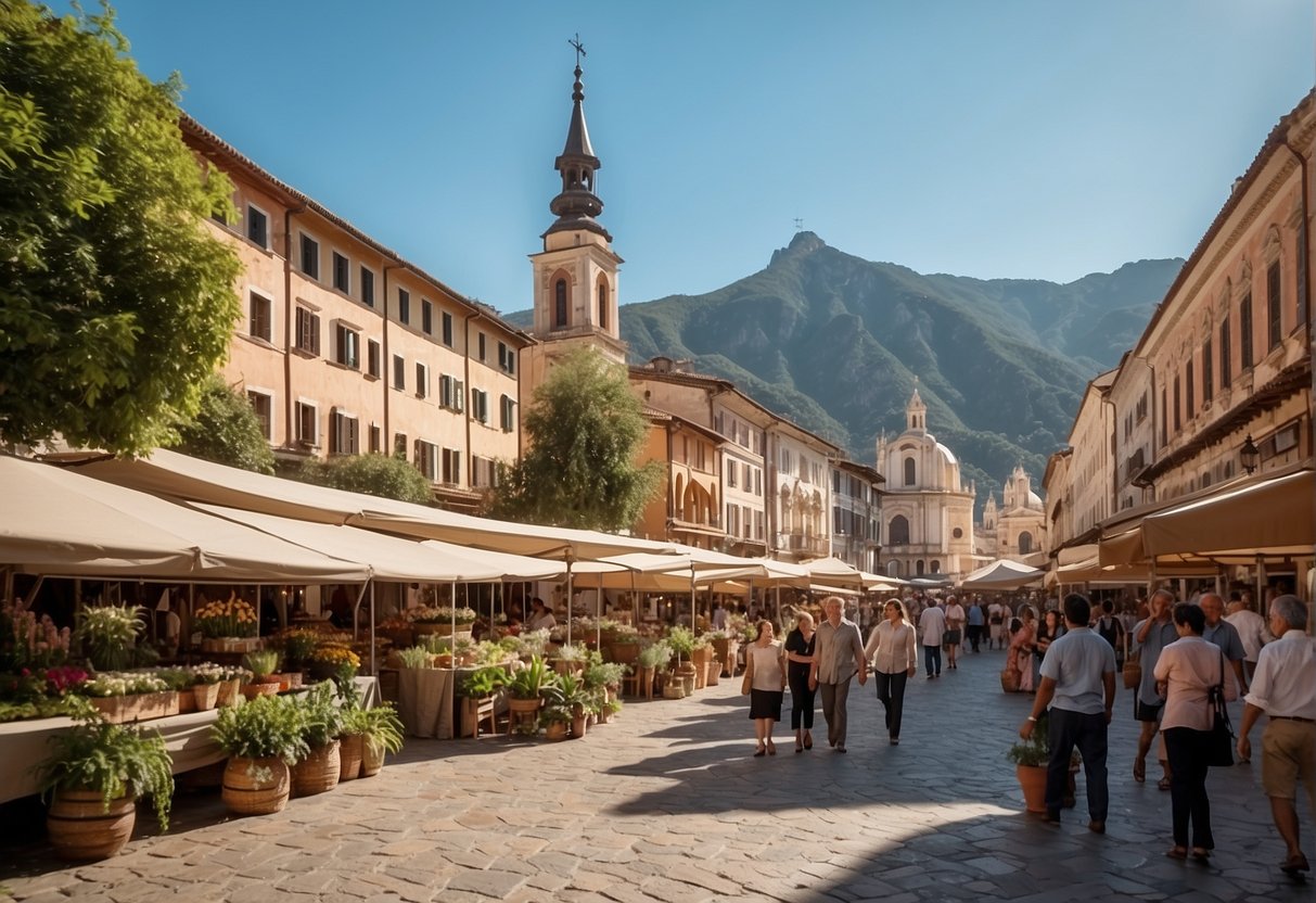 Colorful town square with bustling market stalls, surrounded by lush mountains and clear blue skies. A church with intricate architecture stands tall in the center