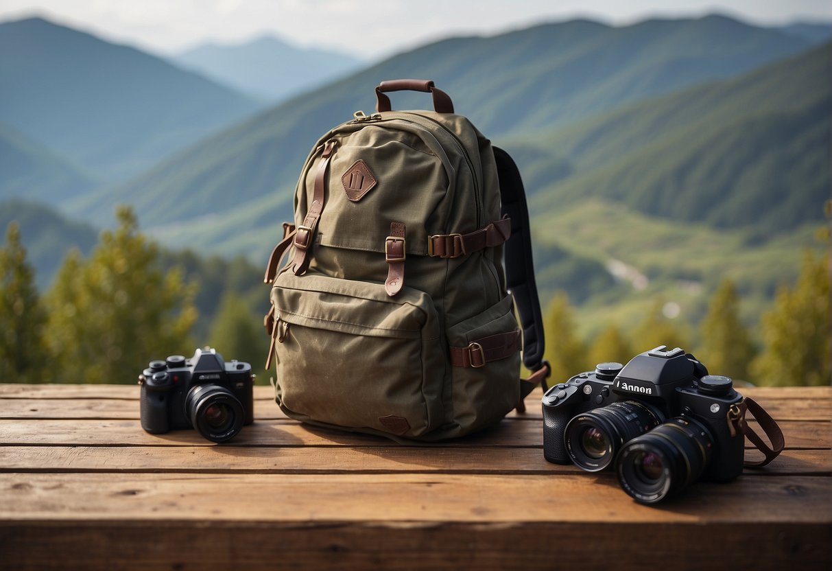 A backpack, map, and camera lay on a rustic wooden table with a mountainous landscape in the background