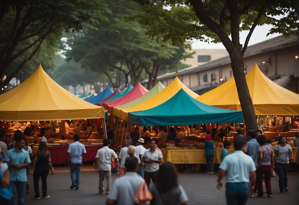 Colorful tents line the streets, filled with food and crafts. Music fills the air as locals and visitors mingle, enjoying the festive atmosphere