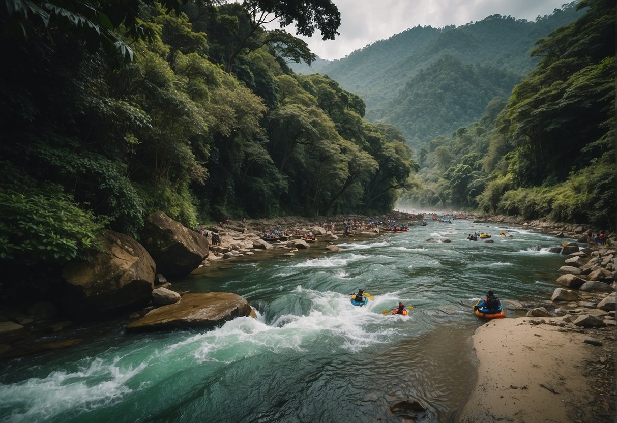 People enjoying outdoor activities in Kabugao, such as hiking, birdwatching, and river rafting. The lush greenery and flowing river provide a picturesque backdrop for these activities