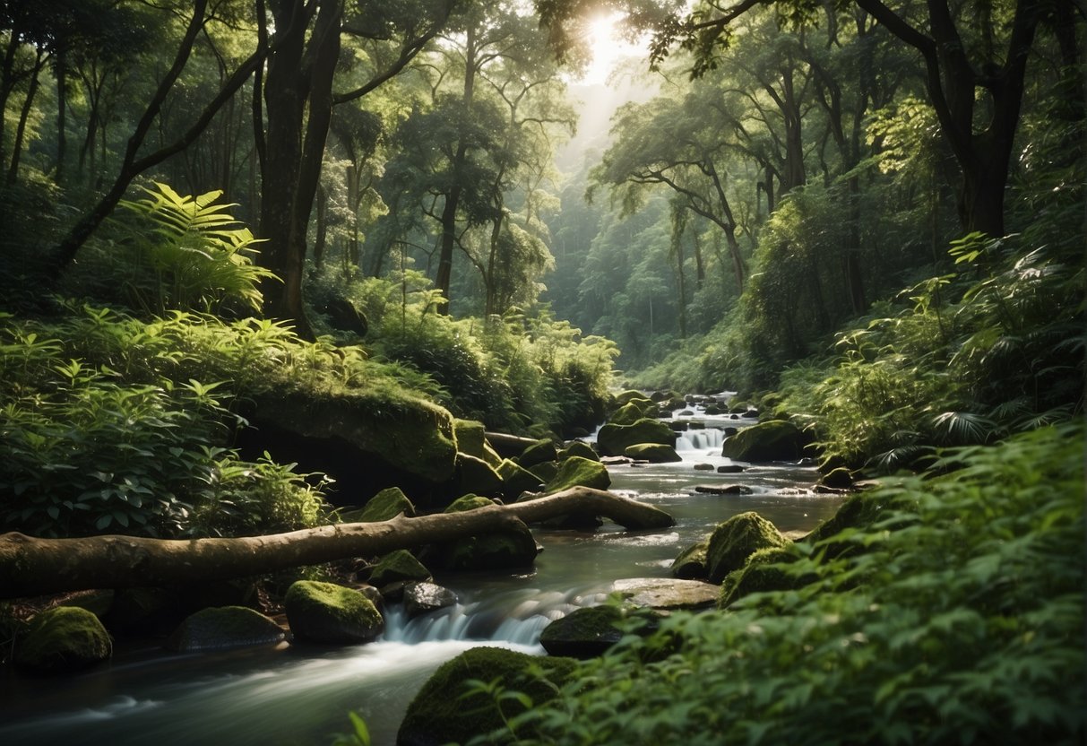 Lush green forest with diverse wildlife, including birds, monkeys, and deer. River flowing through the landscape, with opportunities for hiking and birdwatching