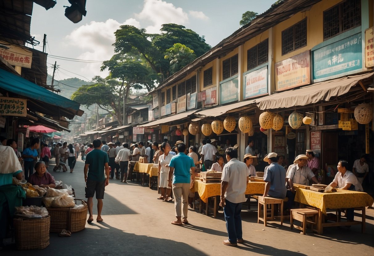 A bustling town square in Kabugao, with locals gathered around a sign reading "Frequently Asked Questions: What to do in Kabugao." Surrounding shops and vendors add to the lively atmosphere