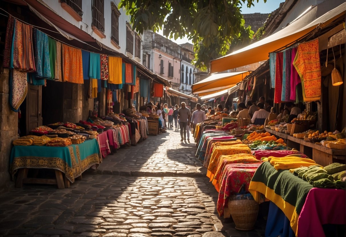 Vibrant market stalls line the cobblestone streets of Santa Marcela, offering colorful textiles, traditional crafts, and local delicacies. The town square is alive with music and dance, surrounded by historic colonial architecture